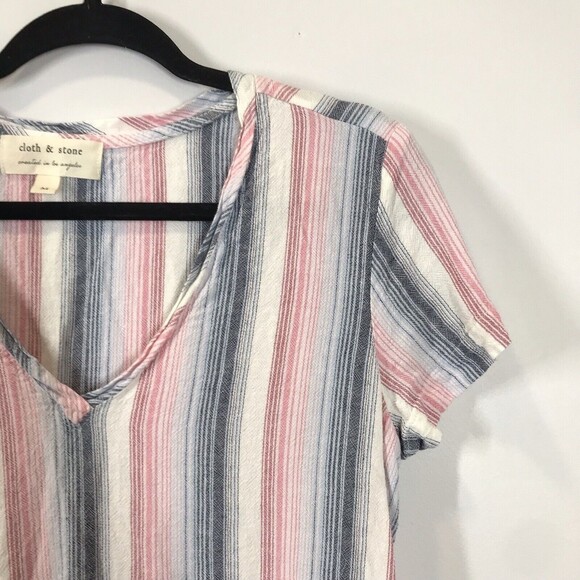 Cloth & Stone Womens Striped Top Size Small Linen Short Sleeve V Neck Popover - Picture 3 of 8
